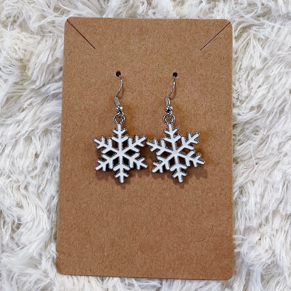 White Snowflake Earrings with Silver Tone Metal